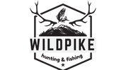 Wildpike hunting and fishing logo with deer antlers, fish, and mountain on a white background